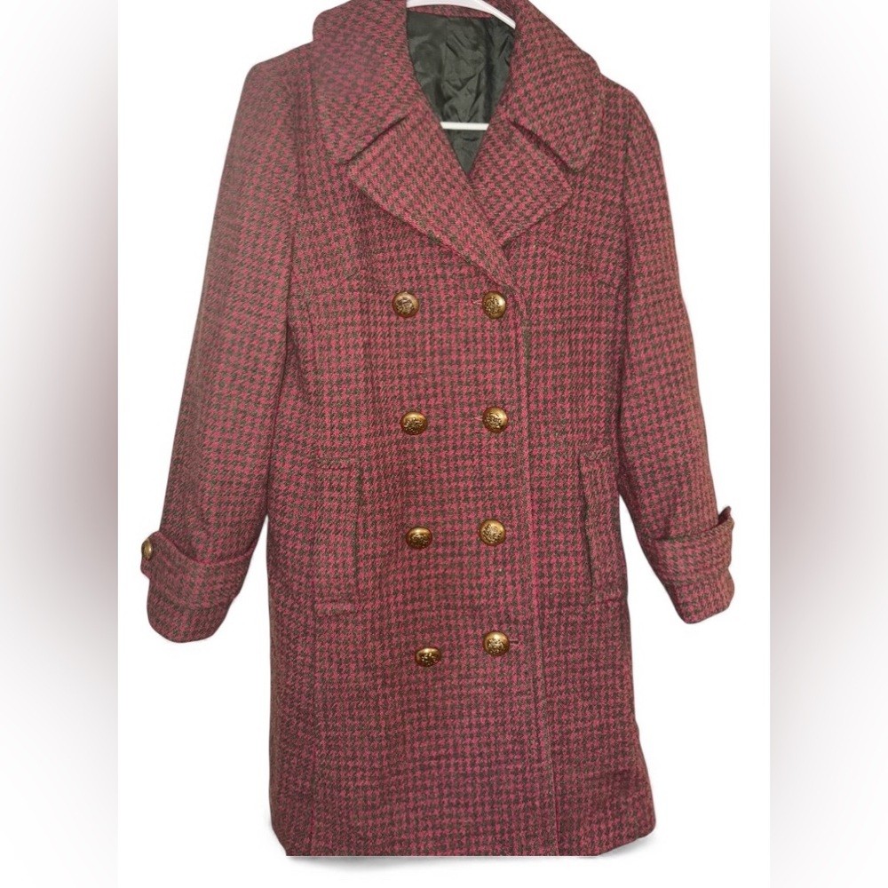 Vintage Harris Tweed 100% Virgin Scottish Wool Houndstooth Pea Coat 1970s XS/S